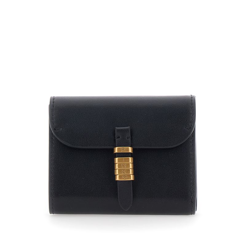 Pinko Women Women's Black Leather 'Saddle' Wallet With Logo Detail On The Front